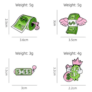 Cartoon flying dollar money enamel pins set with creative wings and crown designs
