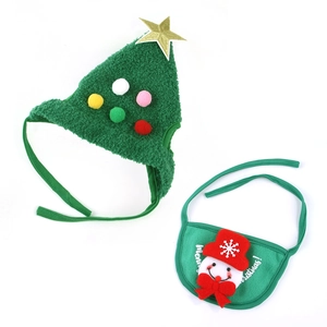 Detail of green plush Christmas tree pet hat and bib set with festive snowman embroidery