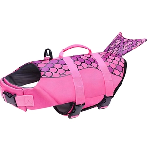 Pink dog life jacket with purple mermaid scales and fish tail detail for summer water safety