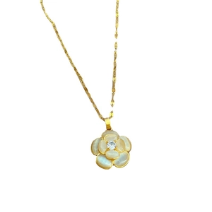 Elegant gold titanium necklace featuring a white camellia pendant with a crystal center