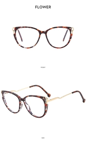 Detailed front and side view of cat-eye TR90 frames with wavy gold metal temples