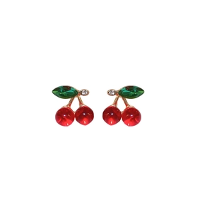 Charming red cherry stud earrings with green crystal leaves and gold finish accents