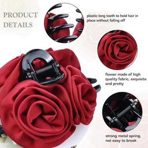 Red satin rose flower hair claw clip with large plastic teeth and strong metal spring