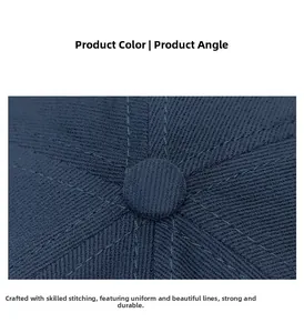 Detail of dark blue baseball cap crown featuring high-quality stitching and top button