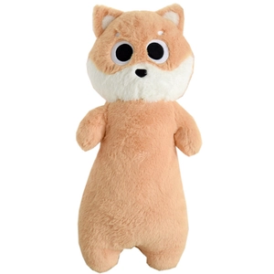 Long Shiba Inu plush pillow made of soft yellow fabric, full body view on white background