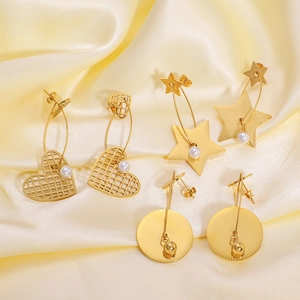 Gold-plated stainless steel earrings set featuring heart, star, and pearl geometric charms