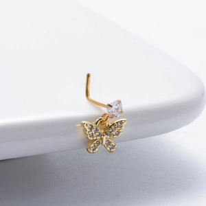 L-shaped gold nose stud with sparkling zircon butterfly pendant and round stone detail