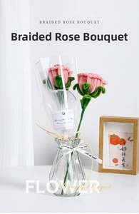Handcrafted crochet pink rose bouquet in glass vase with gift wrapping and ribbon