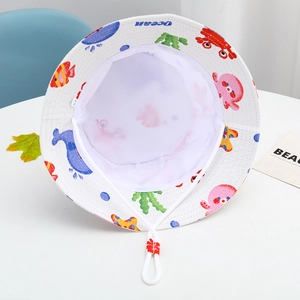 Detail of kids white sun hat with ocean print, breathable mesh lining and chin strap