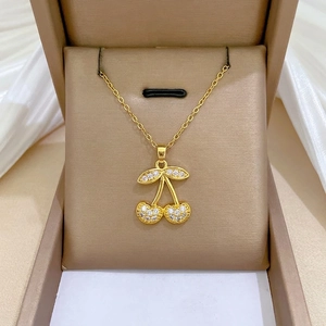 Cherry Pendant Necklace Stainless Steel Chain Copper Zircon Pave Light Luxury Elegant Clavicle Jewelry For Women