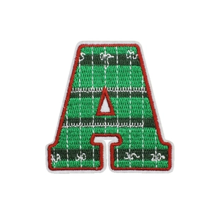 Letter A football style green striped embroidered patch with red and white border detail