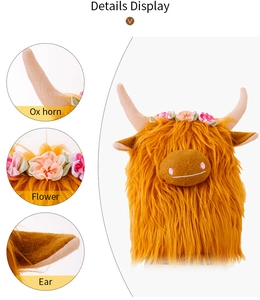 Detail showing the brown plush Highland Cow mask with floral accents and soft ox horns