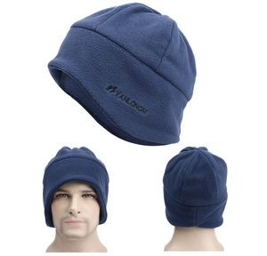 Detailed side view and model display of a warm navy blue fleece winter beanie hat