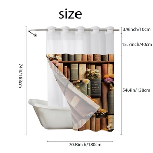Detail of waffle weave shower curtain with vintage library print and precise sizing