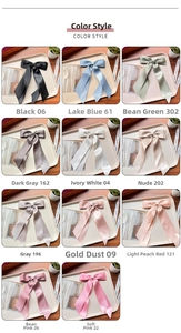Collage of eleven different colors for satin double-layered bow hair clips with long tails