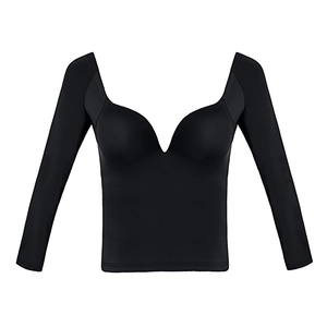 Slim fit black long sleeve deep V-neck push-up bra top in ribbed stretch knit fabric