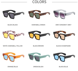 Nine color options for vintage square frame sunglasses with metal stud temple details