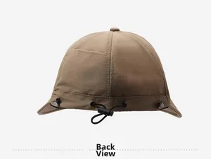 Detail view of khaki sun hat with adjustable elastic drawstring and back toggle buckle