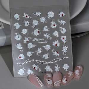 5D Embossed Nail Art Stickers White Camellia Butterfly Artificial Pearl Rhinestone 3D Self Adhesive Manicure Decals For Women