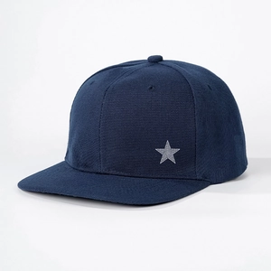 Dark blue flat brim baseball cap with silver pentagram stars on a solid white background