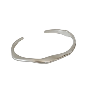 Minimalist S925 sterling silver open bangle with irregular wavy textured surface