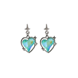 Exquisite silver heart earrings with iridescent blue gemstones and small diamonds