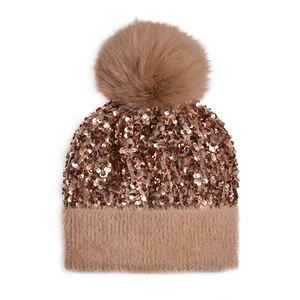 Winter sequined knit beanie with faux fur pompom and thick cuff in rose gold brown