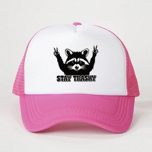 Pink and white trucker hat with raccoon print and Stay Trashy text for outdoor travel