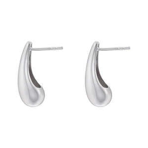 Detailed view of silver teardrop stud earrings with a polished metallic finish and pins
