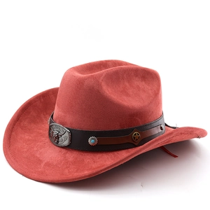 Detail view of a red cowboy hat with a metal bull head buckle and turquoise accents