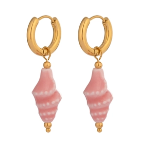 Detail of pink ceramic conch pendants with golden metallic hoops for ocean style jewelry