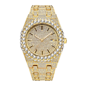 Luxurious gold-tone quartz watch for men featuring full crystal pavé and date window