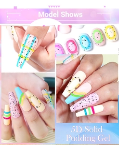 Detailed model shot of 5D solid pudding gel with macaron colors on nails