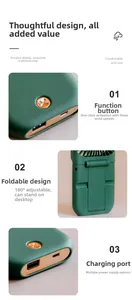 Detail view of foldable green USB fan with rose gold accents and 3-speed control button
