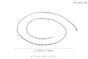 Detail view of 1.5mm stainless steel bead chain necklace with 490mm length specifications