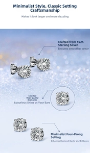 Detail view of round cut moissanite earrings with a classic four-prong S925 silver setting
