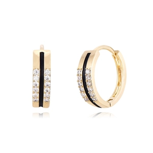 Punk style gold hoop earrings with black enamel stripe and double row sparkling zircons