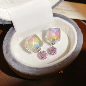 Vue macro de boucles d'oreilles cristal aurora et sphère pavée violette en écrin