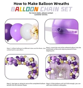 DIY balloon arch assembly steps showing purple and gold latex balloons with fixing tape
