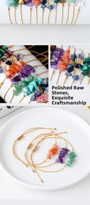 Macro details of handmade bohemian braided bracelets with colorful natural gemstones
