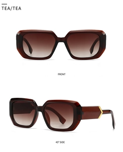 Detailed front and side views of tea brown square sunglasses with gold arrow accents