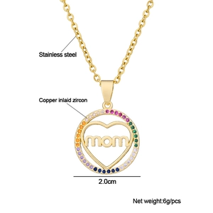 Detail of gold mom necklace with colorful zircon inlay and stainless steel chain specs