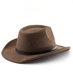 Detail view of coffee wool fedora hat featuring a vintage leather band decoration