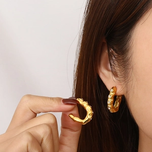 French vintage U-shaped gold-plated stainless steel earrings with sparkling zircon detail
