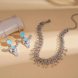 Bohemian Choker Necklace And Bull Head Drop Earrings Alloy Silver Plated Synthetic Turquoise Ethnic Western Retro Women