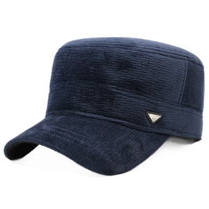Navy blue corduroy cadet cap for men with a retro metal logo and warm lining