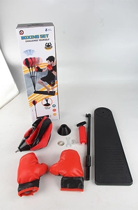 Kids boxing set components with red gloves, speed ball, stand, and pump in package