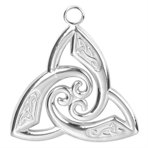 Macro detail of silver stainless steel Celtic knot pendant with Triskele design engraving