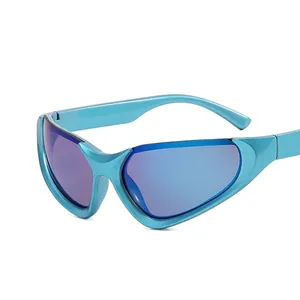 Y2K millennium sporty sunglasses with blue wraparound frame and purple gradient lenses