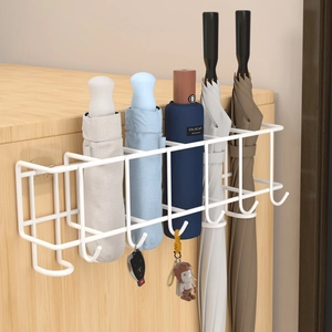 Wall Mounted Umbrella Rack Holder Metal Punch Free Storage Stand With Hooks For Entryway Home Office Rustproof Carbon Steel